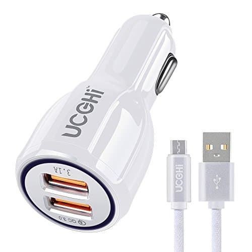 Dual USB Car Charger, UCCHI Quick Charge 3.0 Car Charger Adapter, 2 Port Car Quick Charger for iPhone X, 8 Plus, Samsung Galaxy S Series with Micro USB Data Sync Charging Cable as Bonus - White