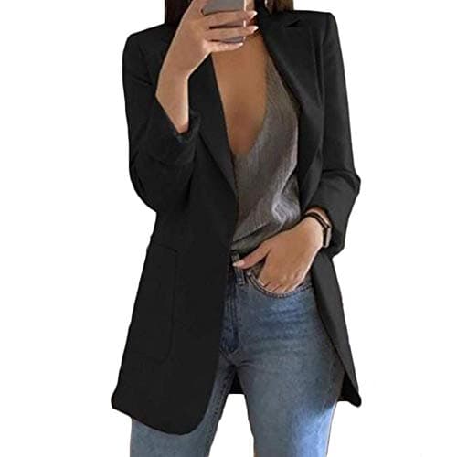 Womens Long Sleeve Open Front Blazer Longline Work Office Lapel Cardigan Jacket with Pockets