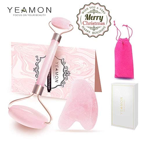 Anti Aging Natural Jade Roller for face and Gua Sha Scraping Massage Tool Set Therapy, 100% Natural Rose Quartz Facial Roller with Double Neck Slimming Massager, Drawstring Bag & Gift Boxed Included