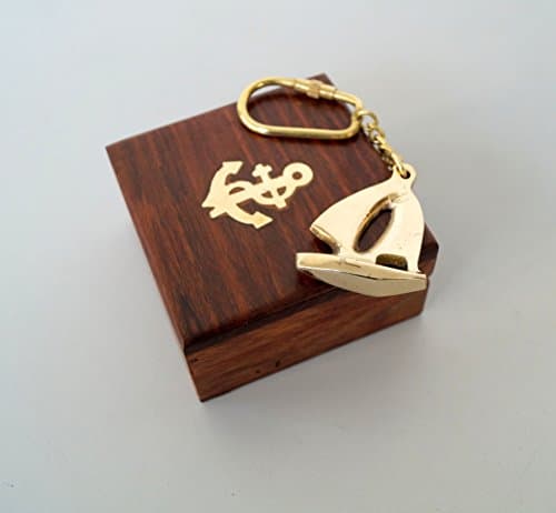 Nautical Brass Ship Boatman Key Chain Solid Handmade Ring With Wooden Box