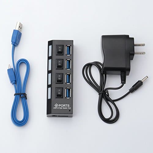 JUNMIN Black USB 3.0 Hub 4 Ports Speed 5Gbps for PC Laptop With on/off Switch