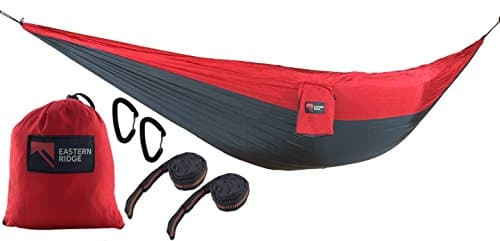 Eastern Ridge UltraLight Single Durable Portable Parachute Camping Hammock Set With Lightweight Carabiners And Daisy Chain Hanging Straps (Red-Gray)