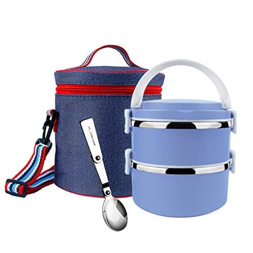 Stackable Bento Box Stainless Steel Thermal Lunch Box Leakproof Lunch Containers with Insulated Lunch Bag for Kids,Adults (2-Tier,Blue)