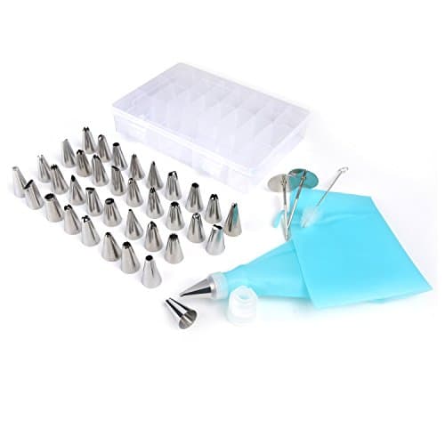 Getek Piping tips, 42 PCS Cake Decoration Tips Set, 36 Stainless Steel Icing Tips, 2 Silicone Pastry Bag, 2 Coupler, 2 Flower Nails, 1 Cleaning Brush &amp; Storage Box for Cakes, Cupcakes, Cookies, Pastry