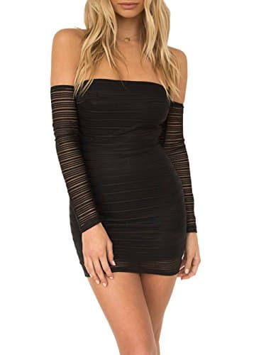 Sexy Solid Bodycon Off Shoulder Hollow Mesh Bandage Open Back Mini Dress (XL, Black)