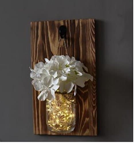Shining Decors Glass Rustic Mason Jar with 20LED Battery Light, Wooden Board and Artificial Flower (Warm White)