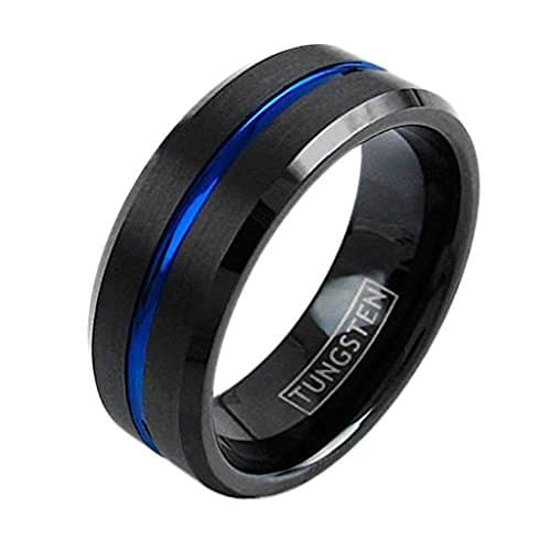 Engraved Black Tungsten Ring Thin Blue Line Brushed Band 6mm or 8mm Width (tungsten (8mm), 9.5)