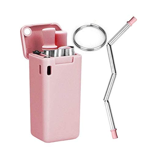 Foldable Collapsible Straws, HAlidey Foldable Stainless Steel Reusable Drinking Straws | Keychains and Portable Case (Pink)