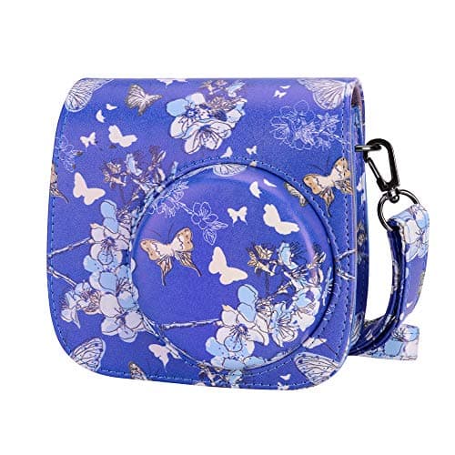 Tiessic Instax Camera Case for Fujifilm Instax Mini 9 /Mini 8 /Mini 8+ Camera with Shoulder Strap and Pocket - Cobalt Blue Butterfly