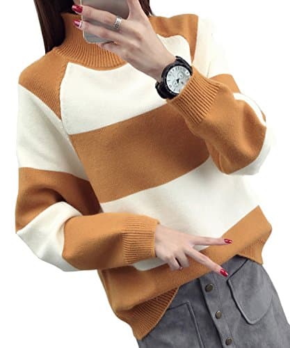 FOXSEN Womens' High Neckline Knit Stripe Sweater Pullover Yellow