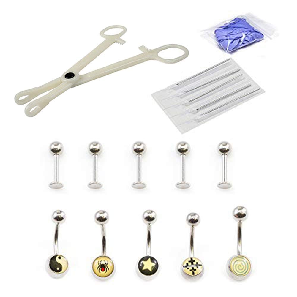 Piercing Kit 17pcs Belly Ring, Labret, Disposable forceps, Needles and Gloves 14g