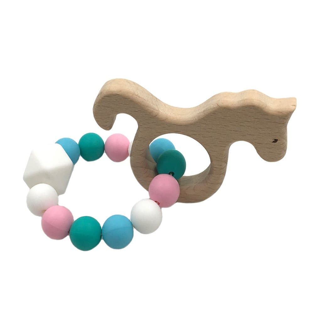 INCHANT Baby Wooden Teether Chew Beads Teether Baby Rattle Teether Raw Beads Toy Ecofriendly Baby Bangle Teether Toys (Seahorse)