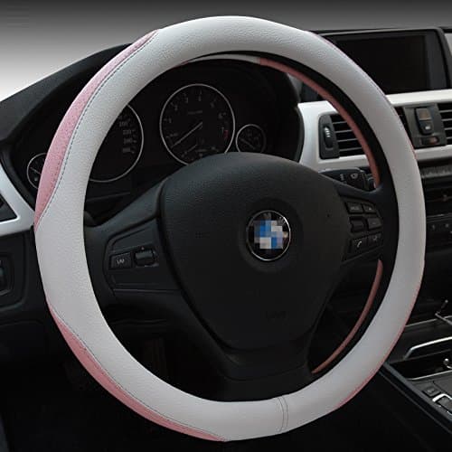 JoJoauto Cool Microfiber Leather Auto Car Steering Wheel Cover Universal 15 inch (White+Pink)