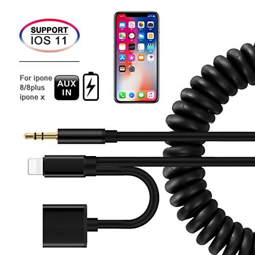 Aggice Coiled Aux Cord for iPhone,Lightning to 3.5mm Male Headphone Jack with Charging Spring Audio Cable 3ft Extented Aux Car Audio Stereo Adapter for iPhone 8,X,8Plus,7,7Plus, Compatible for iOS 11