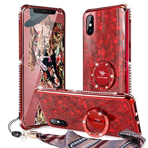 OCYCLONE iPhone XS Max Case, Cute Glitter Tempered Glass Back + Bling Diamond Rhinestone Bumper with Ring Kickstand for iPhone XS Max Protective Phone Case for Women Girls - Red
