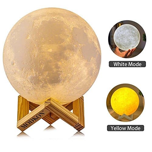 Moon Lamp by MODKON, 3D Printed Night Light, 4.7 Inch / 12 cm, Touch Control Dimmer, Warm Yellow and Cool White, Decorative Lunar Nursery Baby Room Lamp, Cordless, USB Rechargeable, Unique Gift