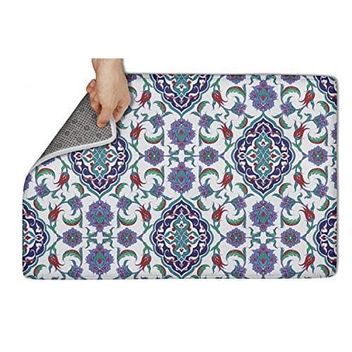 HCddakse Outside Welcome Doormat 23.5"x15.5" Rectangular Non-Slip Water Absorbing Easy Clean Bohemian Style Turkish Iznik Design Blue Modern Decorative Back Personalized Rugs