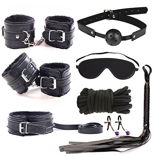 7PCS Under Bed Restraints System with Adjustable Wrists Restraints Foot and Leather Eye Mask ,Rope Restraints Bondage with Rivets Whip and Ball Gag for love