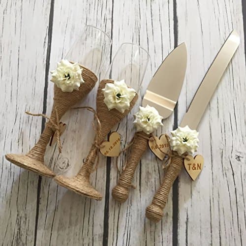 Rustic Wedding Flutes and Wedding Cake Serving Set, Wedding Champagne Toasting Flutes, Wedding Cake Knife and Serving Set, Rustic Wedding Glasses Wedding Gift