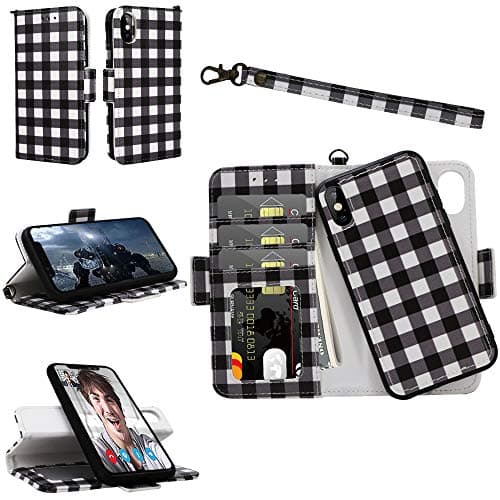 Samgg iPhone X Xs Wallet Detachable Case with Wrist Strap, Magnetic Closure, Card Slot, Kickstand - Luxury Flip Folio Leather Case with Tempered Glass for 5.8 inch iPhone X/iPhone Xs (Lattice #3)