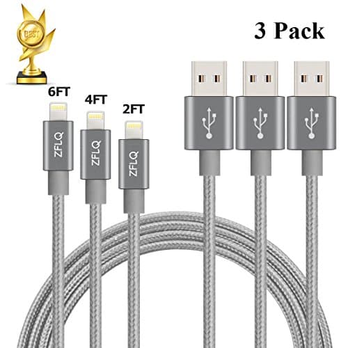 ZFLQ iPhone Charger Cable 2FT 4FT 6FT, Nylon Braided USB Charging Cord Lightning Cable for iPhone 7 / 7 plus / 6s / 6s plus, iPhone 6 / 6 plus / 5 / 5s, iPad, iPod (3 Pack Grey)