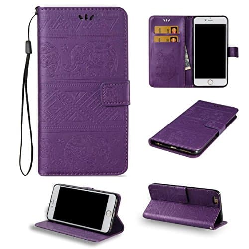 iPhone 7 Plus Case, KMETY(TM) [Anti-Scratches] [Drop Protection] Premium Protective Case PU Wallet Leather Case Cover for iPhone 7 Plus,Purple Elephants
