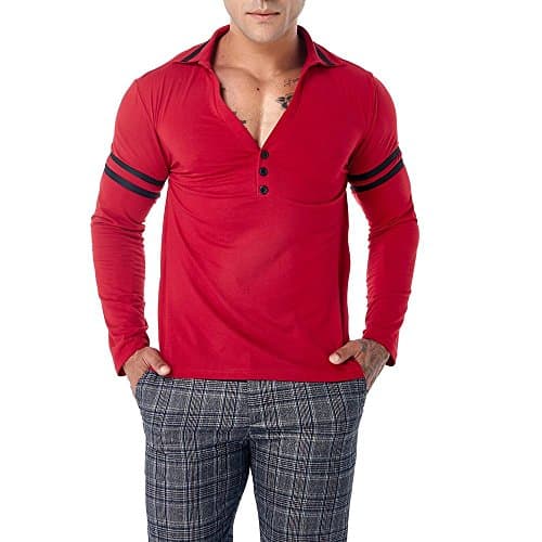 Easytoy Men's Casual Button V Neck Collar Classic Fit Patchwork Long Sleeve Polo T Shirts