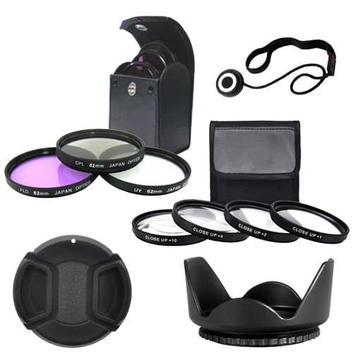 62mm 4 piece high definition Close-Up filter set - 62mm Multi-Coated 3 Piece Filter Kit (UV-CPL-FLD) - Snap-On Lens Cap - Lens Cap Keeper - Xit XT62HLH 62mm Hard Tulip Shaped Lens Hood (Black)