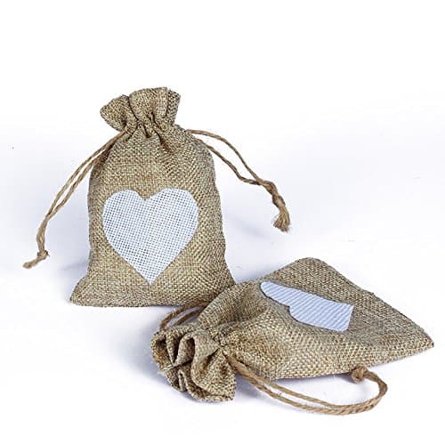 SruixSyruix 50pcs/pack Brulap Candy Gift Pouch Bags with String Birthday Wedding Party Gift Jewlery Pouches Party Favor Jute Gift Bags Brown with White Heart