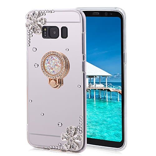 for Samsung Galaxy S8 Plus Case Silicone Mirror,Areall [with Ring Stand Holder] Glitter Luxury Crystal Rhinestone Flower Floral Soft Slim Flexible Rubber Shockproof Makeup Back Cover Bumper - Silver