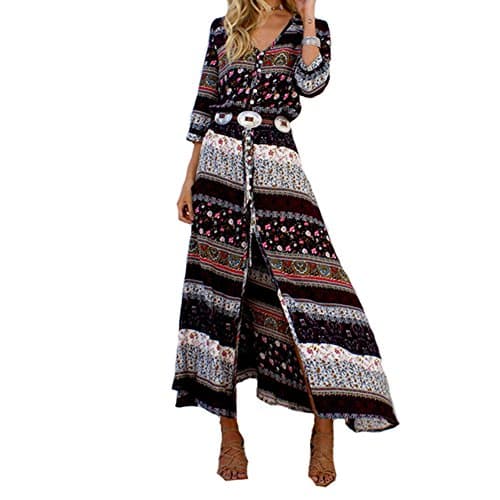 Women Vintage Boho V Neck Button Split Long Beach Party Dress Plus Size (M, Brown)
