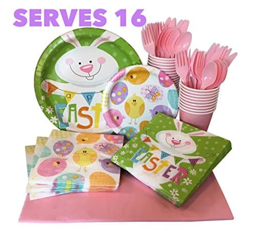 Serves 16 Easter Brunch Paper Plates and Napkins Set with Pink Cups, Utensils and Tablecloth (145 Pieces) Be Ready for Easter on April 16, 2017