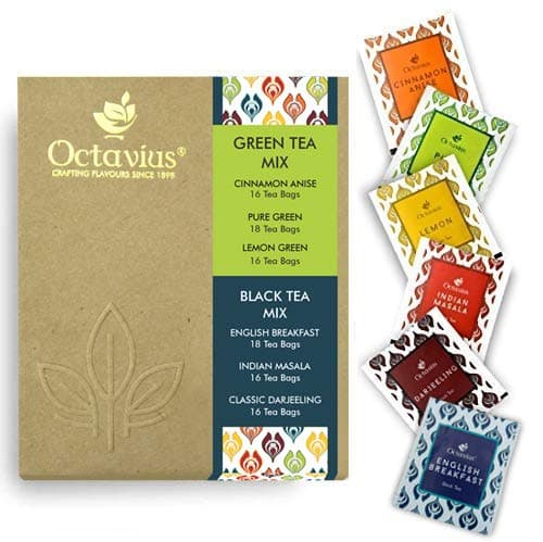Octavius 6 Assorted Black and Green Tea, Enveloped Tea Bags for Freshness, Perfect for Gifting, Serve Hot or as Iced Tea Economy Packof 100 teabags