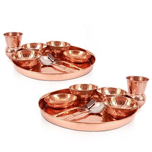100% Pure Copper Best Quality Traditional Kitchen Dinner Set of 2 ( 2 Thali, 6 bowls, 2 pudding ,2 Spoon ,2 Fork, 2 Glass) Special Thali Plate For Home Decorative Restaurant Ware Hotel Home Gift