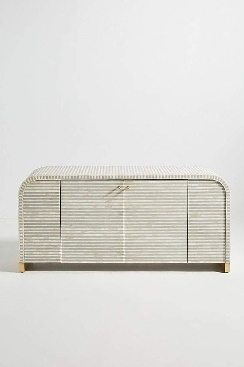 Handmade Unique Striped Pattern Grey Bone Inlay Waterfall 2 Drawer of Buffet, Decorative Living Room/Bedroom Console Media, Storage Solution for Home Decor
