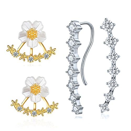 Drop Earrings Set White Gold 925 Silver Plated Rhinestone Stud Ear Cuffs for Women Zircon 2 Pack (Set2)