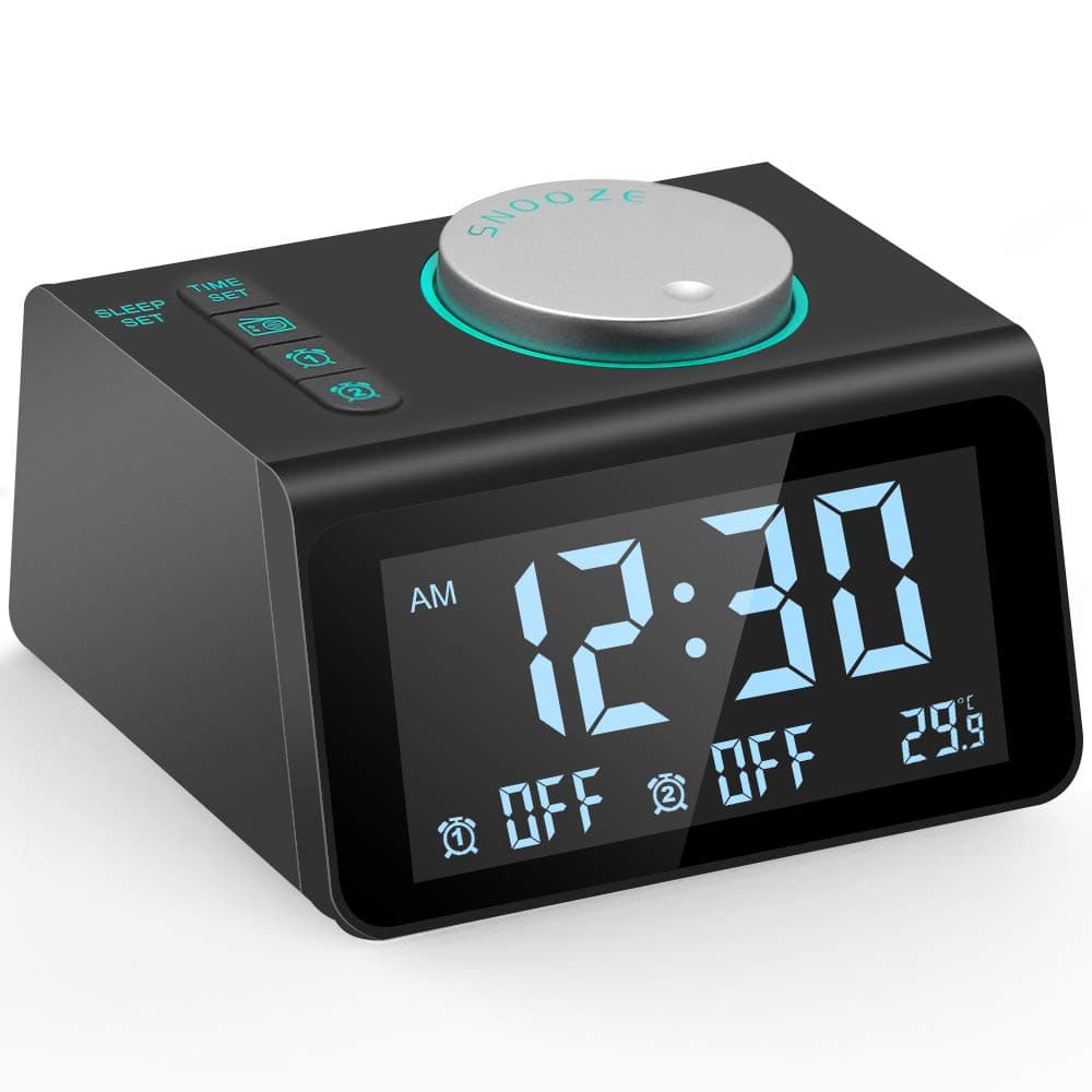 Ksera Alarm Clock with FM Radio, Multi-Function Digital Radio Alarm Clock, Dual Alarm with 7 Alarm Sounds, Temperature Display, 5 Level Adjustable Brightness, Dual USB Charging Port, Sleep Timer