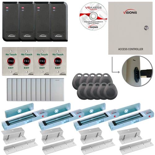 VisionisFPC-6204 Four Doors Access Control for In Swing Door Electric 300lbs Mag Lock Controller Box + Indoor/Outdoor Waterproof Card Reader, Software Included + 20000 Users Kit