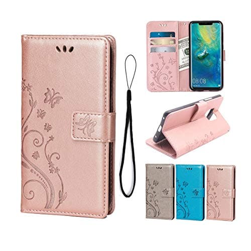 suprwolf Wallet Case for Huawei Mate 20 Pro，Premium PU Leather Flip Kickstand Cover Butterfly Flowers with Card Holders and Wrist Strap Magnetic Closure Stand Case for Huawei Mate 20 Pro-Rose Gold