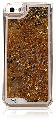 iPhone5 Aqua Sparkling Star Case, Apple iPhone 5S Hard Cover 5 Colors - Retail Packaging (Gold Stars)