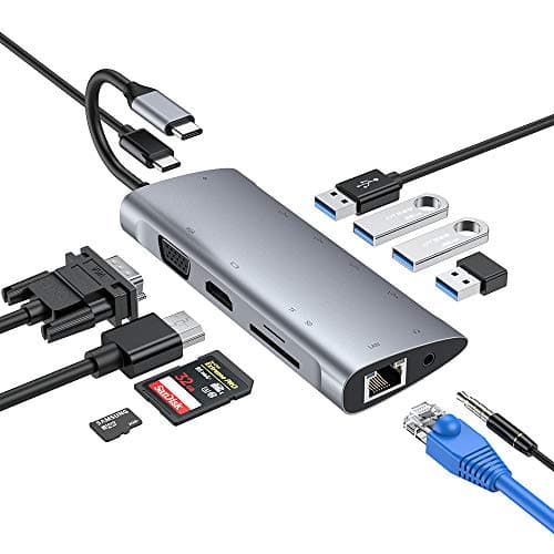 USB C HUB, 11-in-1 AluminumType C Adapter with Ethernet, SD/TF Card Reader, 3USB3.0 Ports,VGA, HDMI(4K@30hz),for MacBook Pro 2018,2017,2016,pad pro,Lenovo,DELL,SANSANG,HUAWEI, USB C devices (Grey)