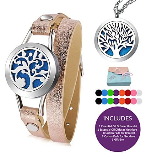 Aromatherapy Essential Oil Diffuser Necklace and Bracelet Set - Includes 16 Washable Pads - Tree of Life by Ellega