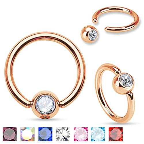 16G Rose Gold Plated Gem Set Captive Bead Ring. 7 Colors! Sold Individually. (Clear, 1/4")