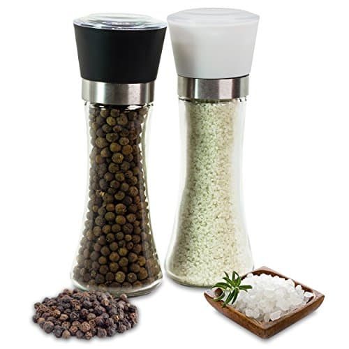 Stylish Salt &amp; Pepper Grinder Set by Kitchenware Kingdom - Unique Glass Body with 3 Coarseness Adjustments - Contemporary Design Salt &amp; Pepper Mill – BPA Free Shakers + Free Recipe eBook