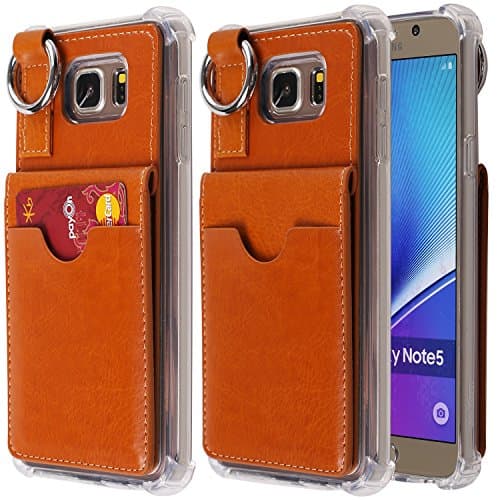 Galaxy Note 5 Wallet Case,[Pocket Ring Bumper] Credit Card Case [Kick Stand] Protective Hybrid Case [Key Ring Holder] with 3 Cards Slot Wallet for Galaxy Note 5 (Brown)