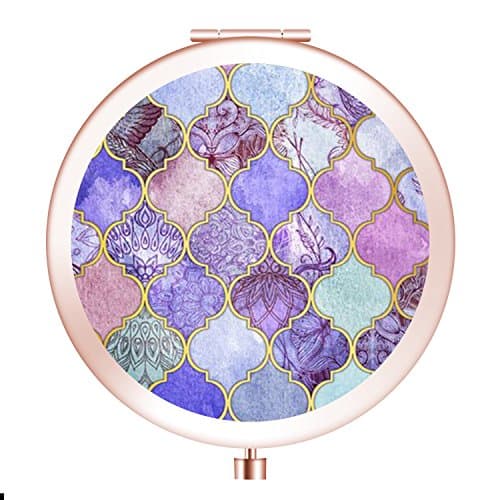 Folding Travel Mirror, Personalized Portable Round Mini Makeup Mirror with Double Sides 2x &amp;1x Magnification Good Gift for Girls [Moroccan-Tiles1]