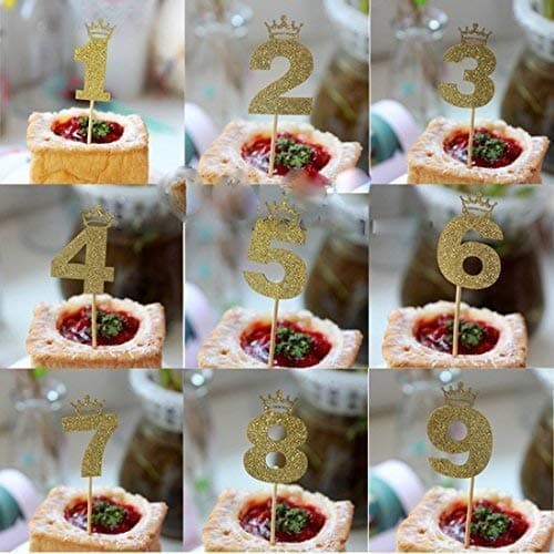 Polka Dot Sky Birthday Age Cake Topper 6 Pack (2) - Gold Glitter Cupcake Decorations 0-9 for Baby Shower Bachelorette Party Anniversary Birthday