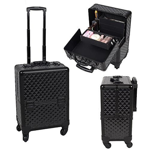 OGIMA Professional Rolling Makeup Case Cosmetic Train Box Trolley, Black Plaid