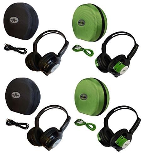 4 Pack Kid Sized Wireless Infrared Universal Car DVD IR Automotive Colored Adjustable 2 Channel Headphones With Case and 3.5mm Auxiliary Cord