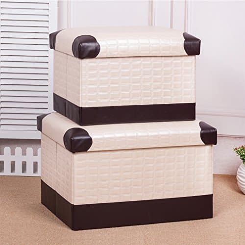 IBTHOUSE Leather Folding Organizer Storage Ottoman Bench Foot Rest Stool Coffee Table Cube, Camping Fishing Stool, Quick and Easy Assembly, Perfect for Child, Set of 2 (white box)
